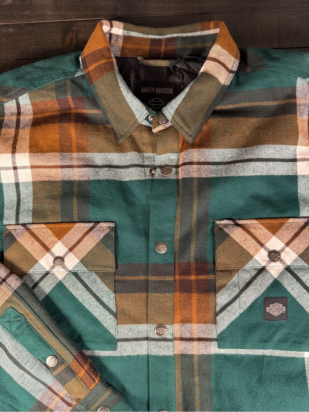 Harley Davidson Men's 2XL Green Orange Plaid Quilted Lined Flannel Shirt Jacket